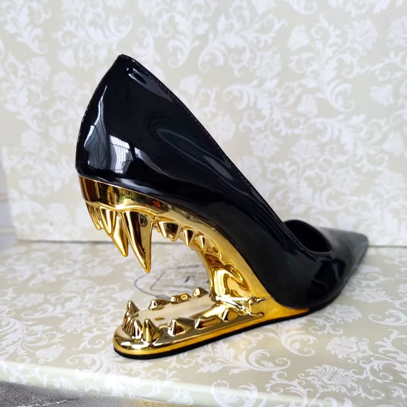 plus size hollow shaped heel designer high heels fashion wedge pumps sexy lady pointed toe women heels party OL shoes nude pumps