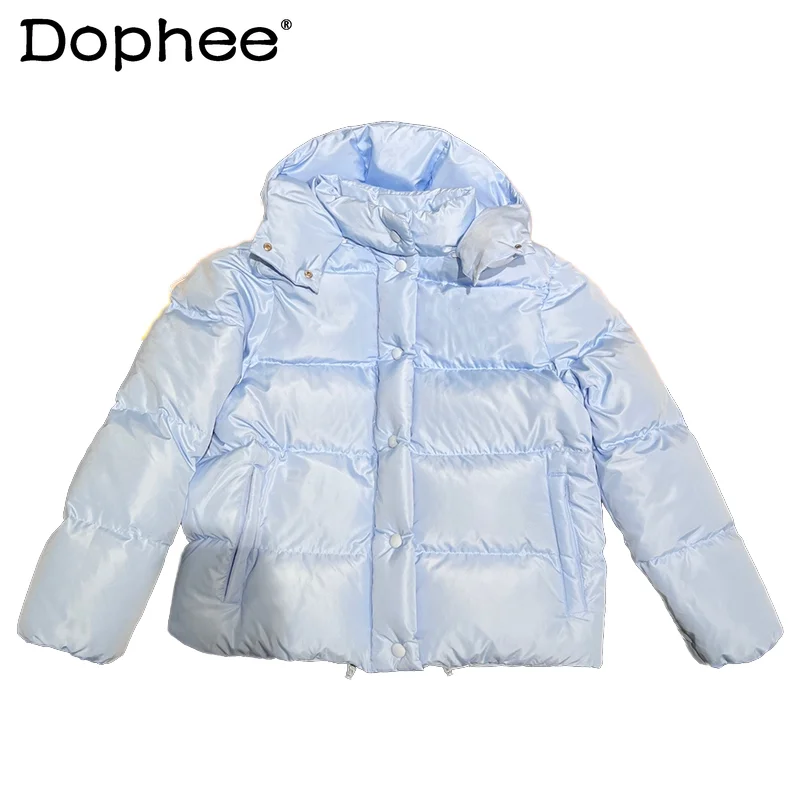 

Winter 2023 New Detachable Hat Short Blue Down Jacket Women's Bread Coat Small Baggy Overcoats Women Cotton Padded Coats Outwear