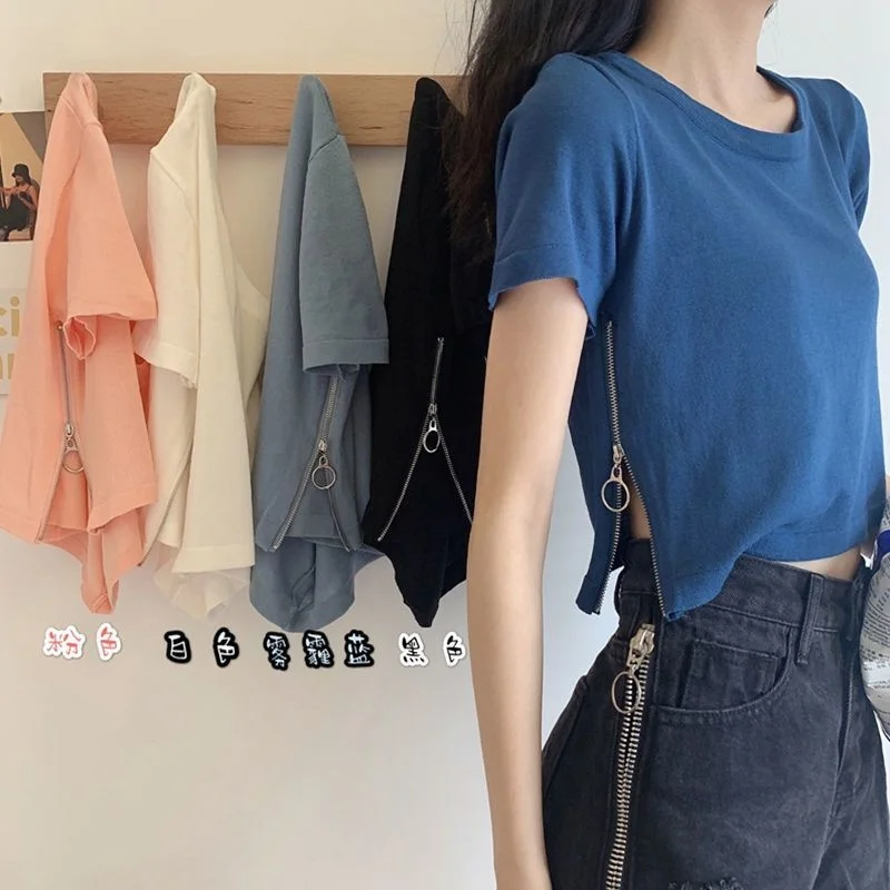 

Design Sense Niche Split Zipper Pure Cotton Short Sleeve Round Neck T-shirt Women's Summer New Slim Fit And Versatile Tops