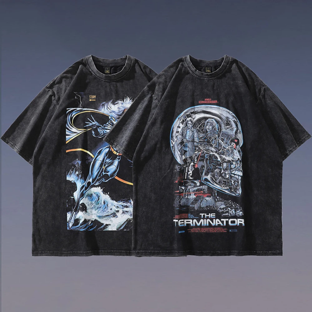 

Street Hiphop Casual T-shirt Y2k Washed Cyberpunk Metal Futuristic Meta-universe Robot Alien Print Short-sleeved Men's Clothing