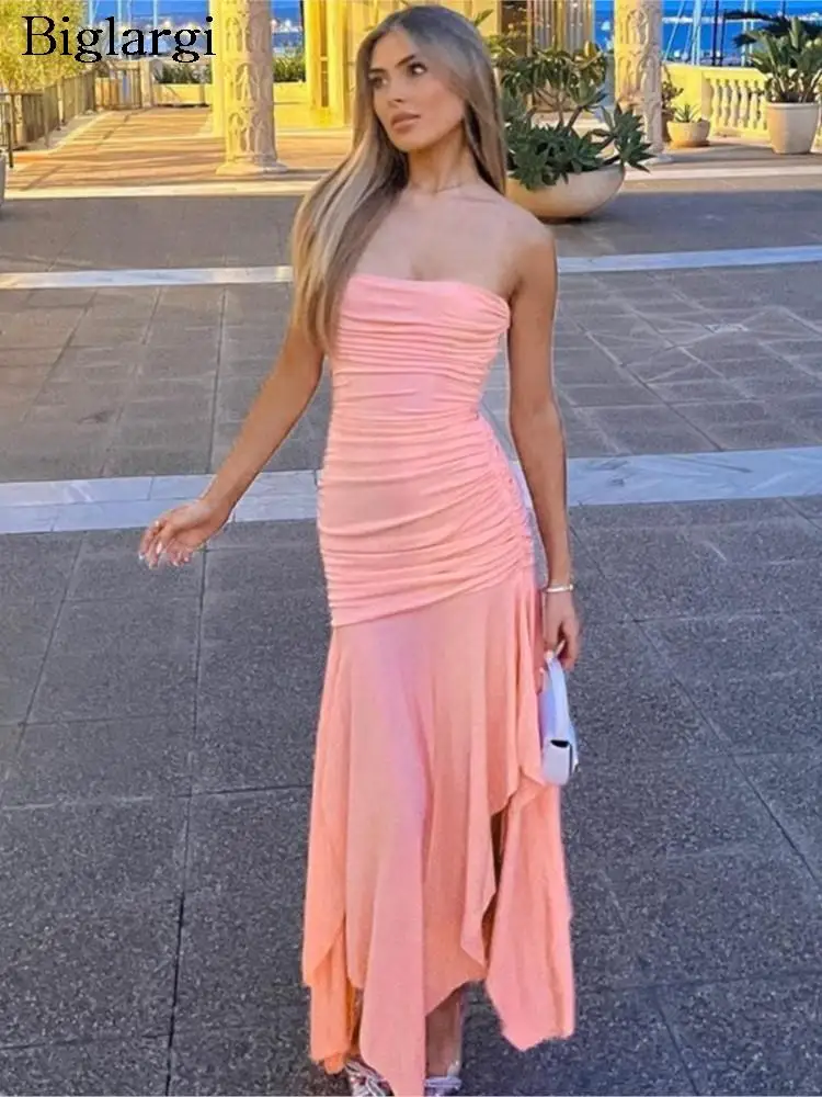 

Summer Pink Long Dress Women Sleeveless Backless Sexy Bodycon Ladies Dresses Fashion Irregular Ruffle Pleated Woman Dress 2023