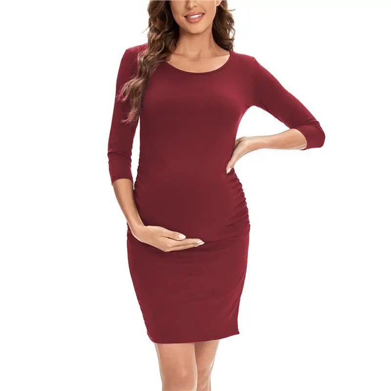Liu&Qu Maternity Dresses Women Side Ruched Pregnany Dress Bodycon Pregnant Clothes Casual Mama Short Sleeve Wrap Baby Showers