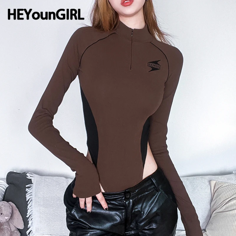 

HEYounGIRL Autumn Skinny Bodysuit Sporty Casual Contrast Color Zipper O Neck Brown Bodysuit Top Basic Fashion Korean Streetwear