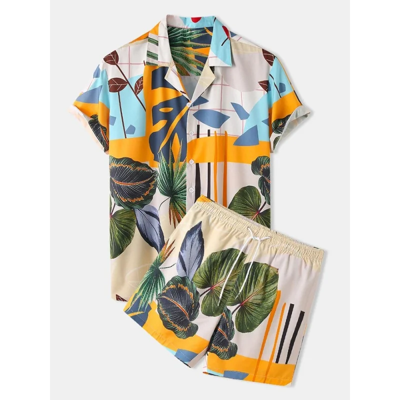 2023 New Men's Casual Loose Beachwear Leaf Printed Shirt Outfit Men Leisure Set Two-Piece Set