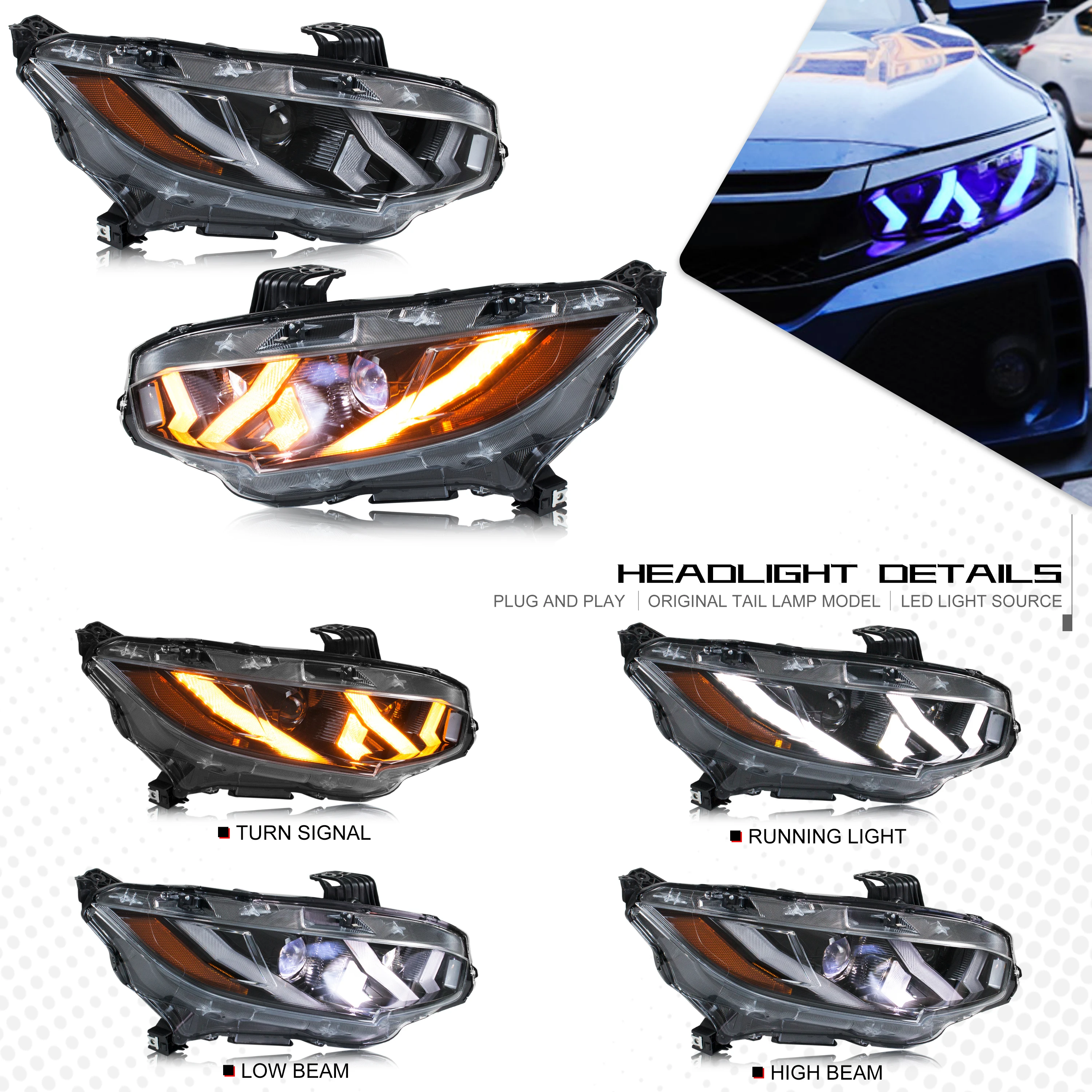 Светодиодные фары для Honda Civic 2016-2021 10-го поколения FK Седан Хэтчбек Type-R Пусковой