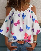 2022 summer casual womens versatile womens top chiffon shirt sexy floral applique butterfly print cold shoulder top