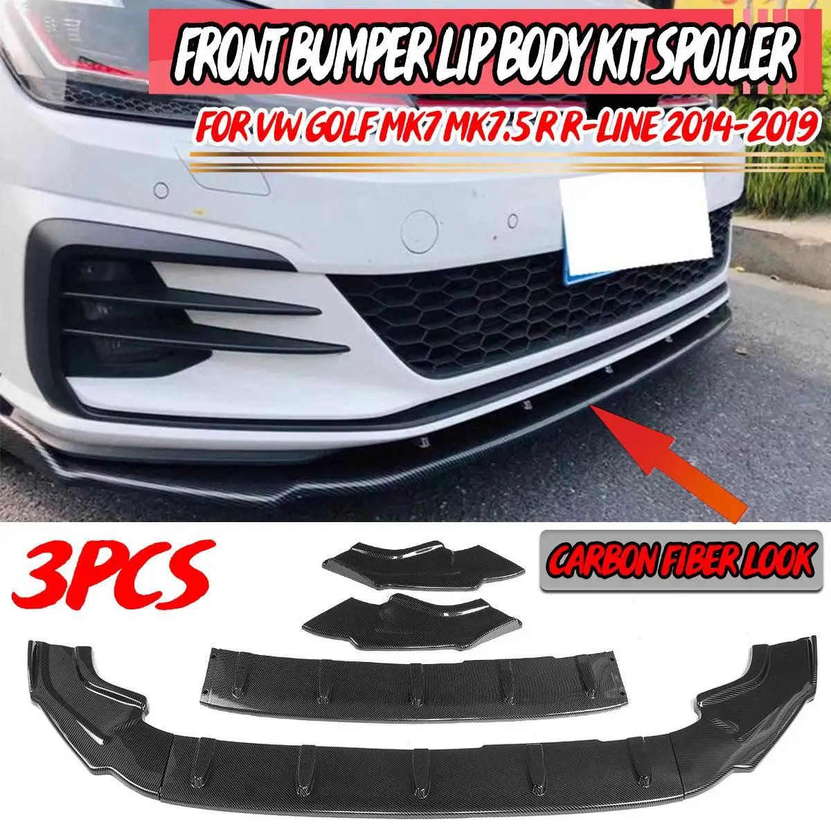 

CS Style 3x Car Front Bumper Splitter Lip Body Kit Spoiler Diffuser Protector Cover For VW For Golf MK7 MK7.5 R R-Line 2014-2019