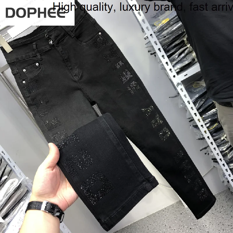 

Hot Drilling Letters Jeans for Lady 2023 New Spring Autumn Black Denim Pants Slimming High Waist Skinny Pencil Long Trousers
