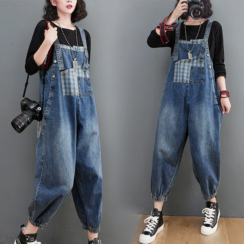 

Boyfriend Streetwear Cowboy Overalls Jeans Women Retro National Hip Hop Harajuku Patch Wide-leg Suspenders Rompers Trousers