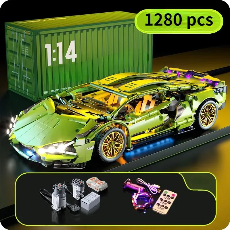 1280 шт. Tec 1:14 зеленый гоночный спортивный автомобиль строительные блоки сборка