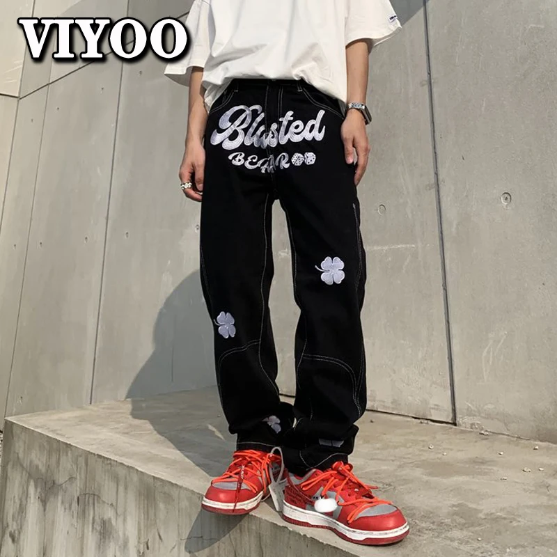 Men's Y2K Clothes New Fashion Letter Embroidery Baggy Men Jeans Straight Casual Black Denim Trousers Pants For Men Streetwear