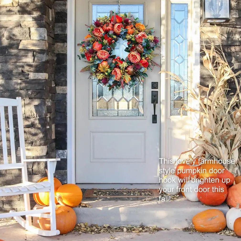 

45x45cm Garland Thanksgiving Decoration Halloween Autumn Harvest Maple Pumpkin Rattan Door Hanging Showcase Wreath