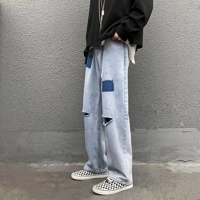 2022 New Fashion Hole Ripped Straight Men Hip Hop Baggy Jeans Trousers Patchwork Retro Washed Loose Denim Pants Pantalon Homme