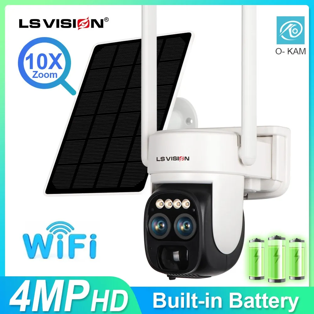 LS VISION Dual Lens WIFI Solar Camera Outdoor 4MP Wireless Security CCTV10X Optical Zoom 2K Color Night Vision   Two Way Audio