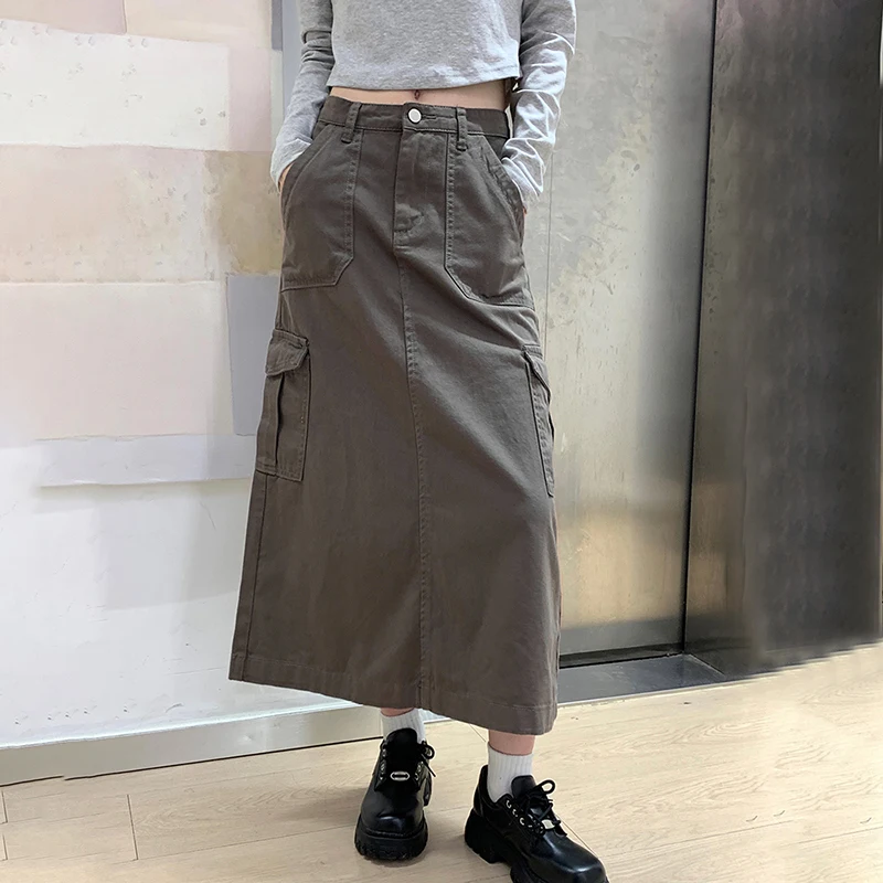 

New Autumn Fashion Women Skirt Harajuku Korean Fashion Vintage Pocket Denim Long Faldas Femme Simple Casual Jupe Short Mujer