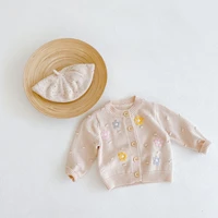 2022 wholesale autumn kids clothing infant baby knitted cotton yarn handmade flower dotted long sleeve cardigan coat girl