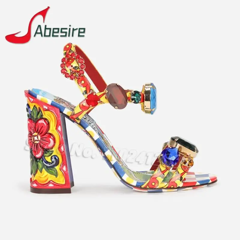 

Rhinestone Chunky Heel Women Sandals Luxury Crystal Jeweled Strappy Ankle Buckle High Heels Summer Open Toe Party Banquet Shoes