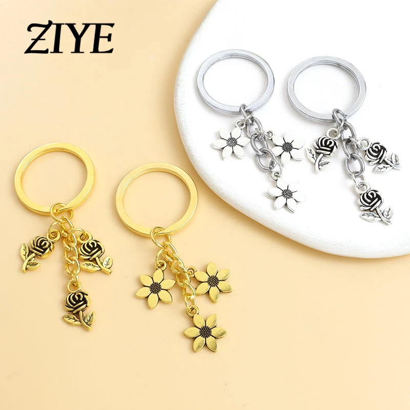 

Cartoon Rose Daisy Sunflower Alloy Charms Keychain Flower Plant Metal Pendants Key Rings for Women Girl Bags Purse Jewelry Gifts