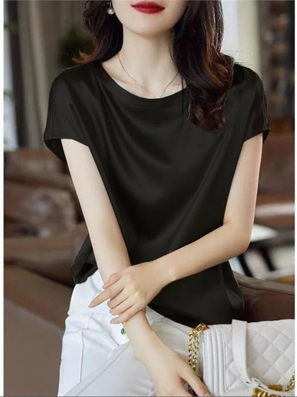 2024 Inner wear T-shirt Top New Summer Clothing Pullover Outer Wear Bottoming Shirt Loose Raglan Sleeve Satin All-Match Fashi... |