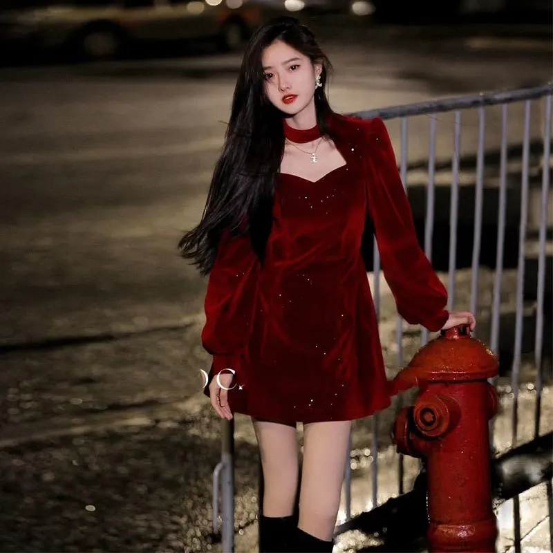 

Oversize 3xl Women Velvet Banquet Dress Sexy Halter Hollow Out Neck Formal Party Gown Short Bling Qipao Vestidos De Festa