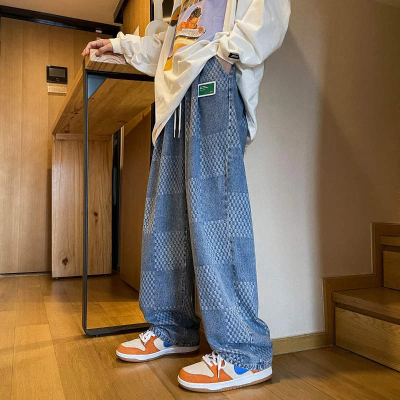 DEEPTOWN Vintage Plaid Straight Denim Pants Men Casual Streetwear Loose Jeans Black Bule Trousers Male Hip Hop Japanese Spring