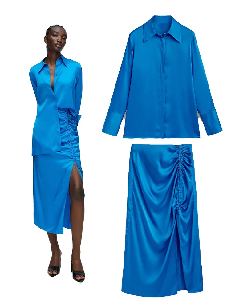 

Summer New Women's Clothing Blue Satin Long Sleeve Shirt + Gathered and Split Design Satin Midi Skirt