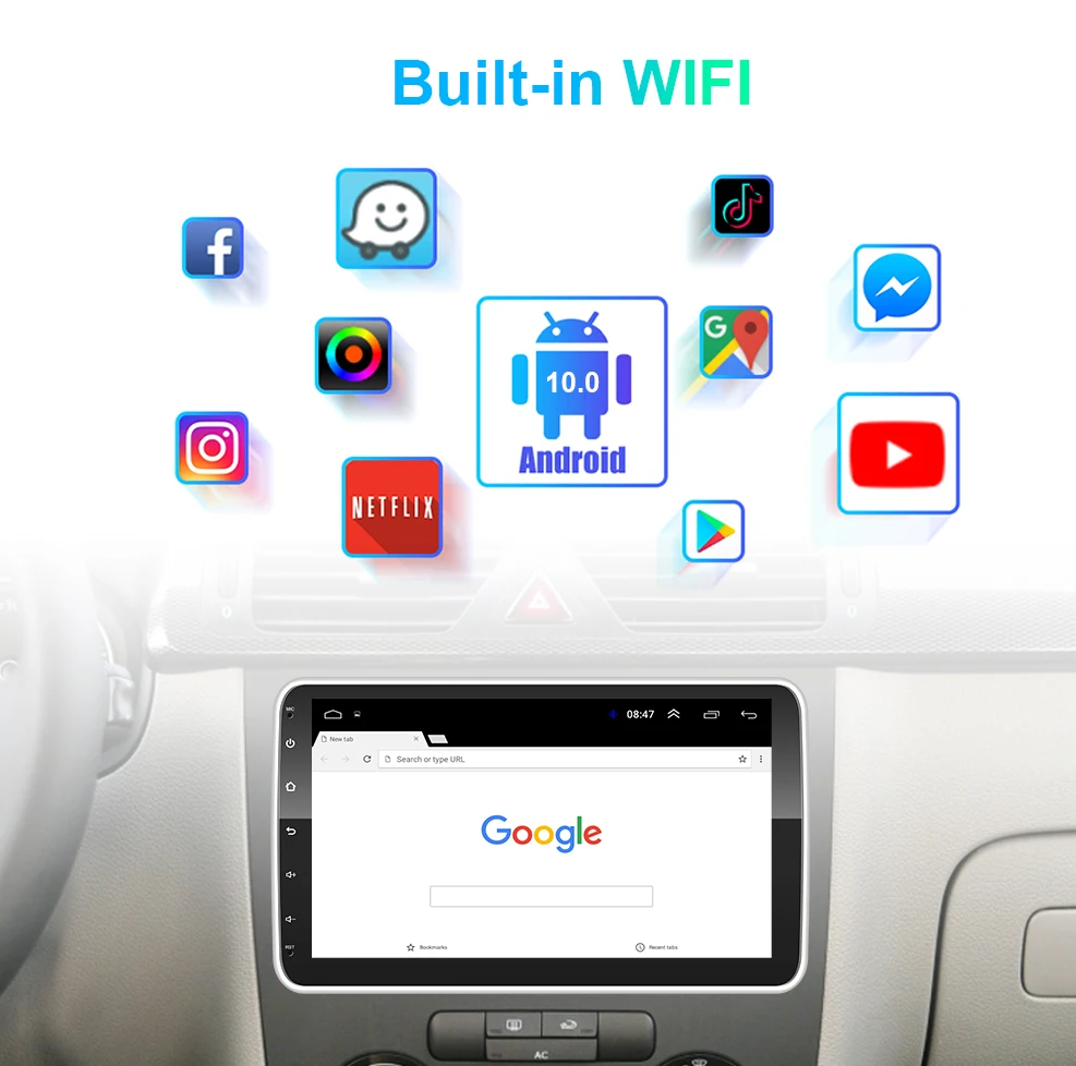 Автомагнитола Podofo CarPlay 1 Din Android с 10-дюймовым экраном |