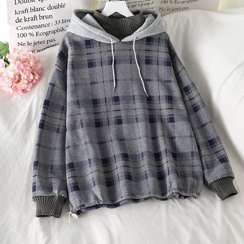 

Women Fleece Hoodies Sweatshirt 2021 Winter Plaid Pirnted Cotton Hooded Sweatshirt Casual Loose Hooded Pullover Oversize Jacket