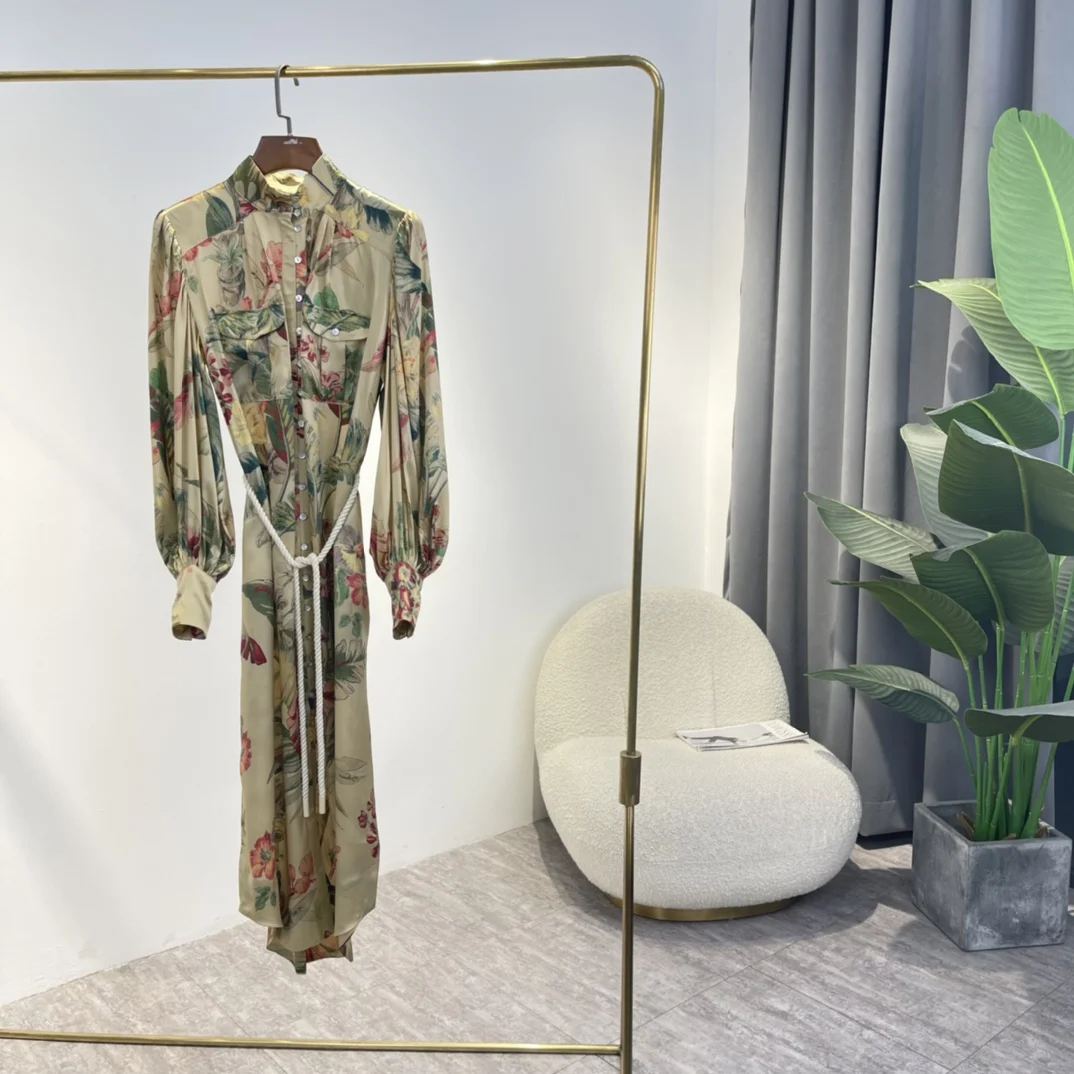 

2022 Summer Vintage High Quality Silk Full Lantern Sleeve Flowers Leaves Printing Graceful Woman Dress With Sashes