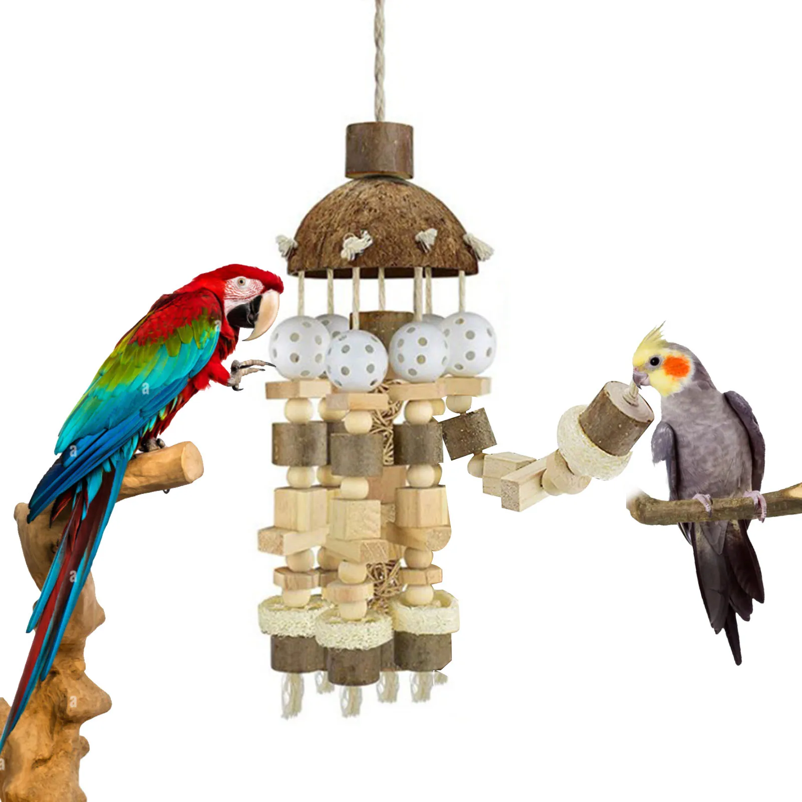 

Wooden Bird Parrot Toy Parrots Chewing Toys Blocks Ropes For Large Birds Pets Bird Chew Toy For Cockatoos African Grey Macaws
