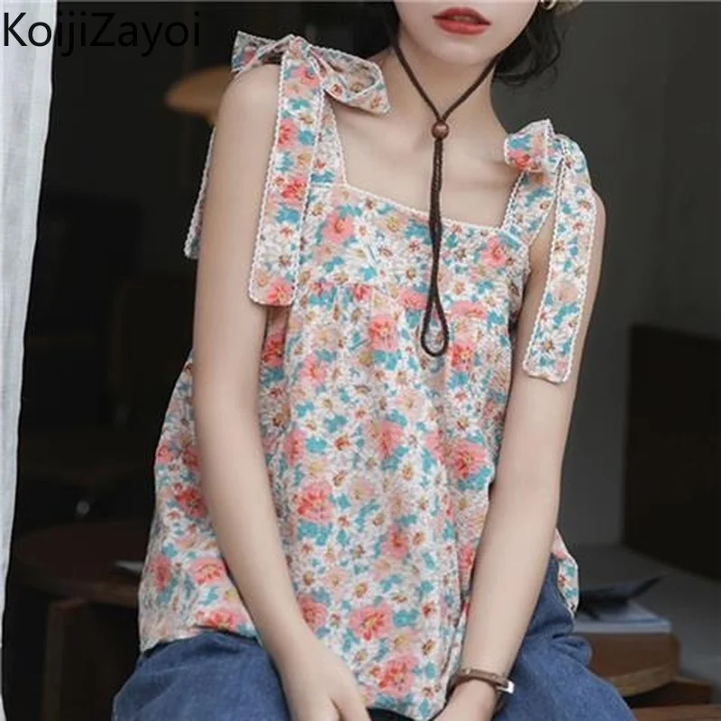 

Koijizayoi Boho Women Flower Tanks Bow Sweet Fashion Chiffon Camisole Summer Lady Outwear Camis Beach Holiday Tops 2022 Tanks