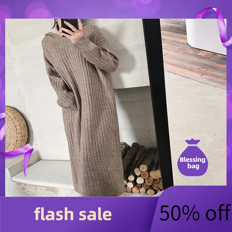 

Autumn winter thickened long woolen dress over knee coat loose dress for women plus size dresses black turtleneck cardigan
