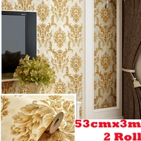 2pcs pack gold luxury damask wallpaper self adhesive floral non woven living room bedroom decor home wall renovation