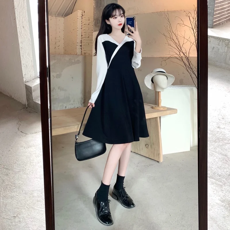 

Summer Women's Dress Loose Solid Color Stitching V Neck Waist Casual Chiffon Long Sleeve Female Clothing Houthion