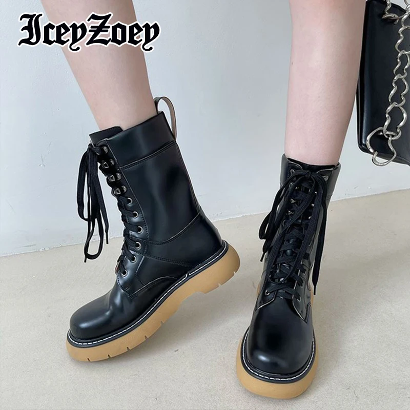 

IceyZoey New Women Mid Calf Boots Platform Round Toe Winter Femeal Shoes Cross Strap Fashion Outdoor Woman Footwear Size 35-40