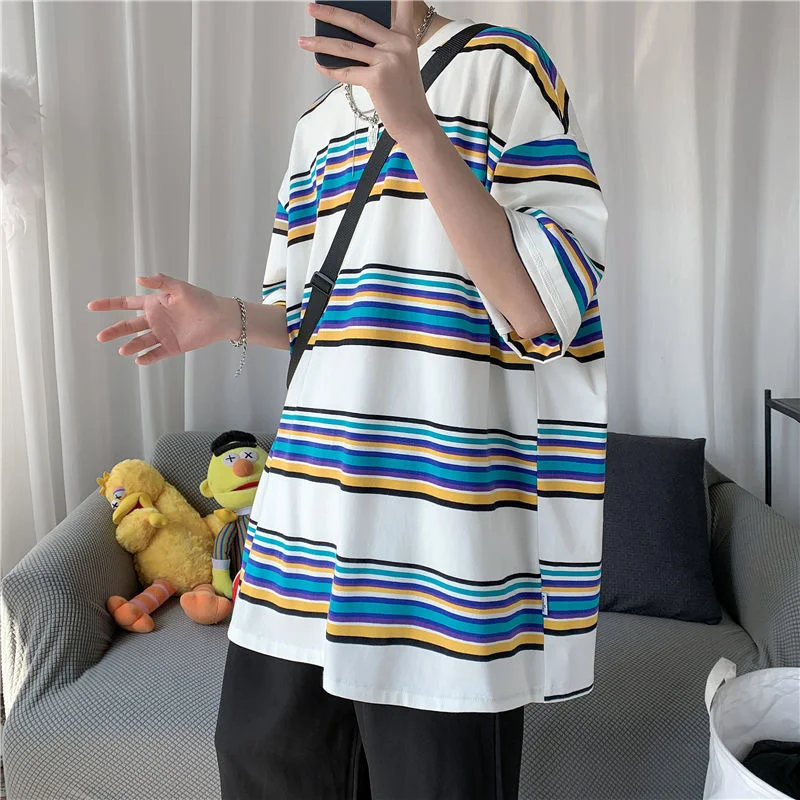 

Футболка мужская оверсайз в полоску, топ в японском стиле Харадзюку, модная брендовая уличная одежда для пар, на лето