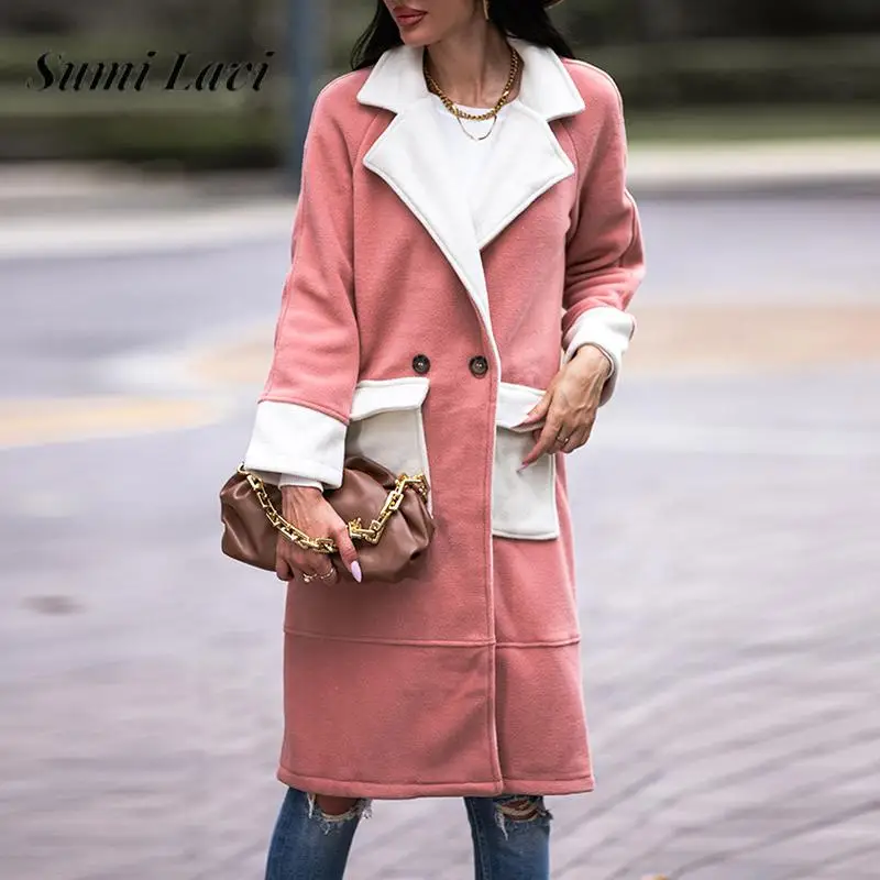 

Кардиган женский шерстяной с лацканами и длинными рукавами, модная Уличная Повседневная Длинная Куртка контрастных цветов с карманами, верхняя одежда на осень