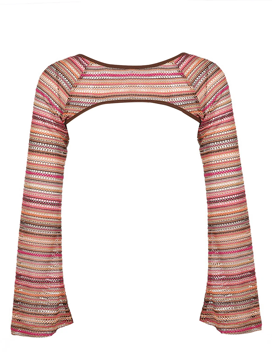 

Ladies Summer Sun Protection Shawl Women Colorful Stripes Flare Long Sleeve Knitted Hollow Short Tops Beach Cover-Up