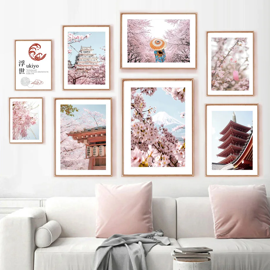 

Розовая Сакура Himeji замок ветер колокольчик Sensoji Япония Скандинавская настенная Картина на холсте постеры и принты картины декор для гостин...
