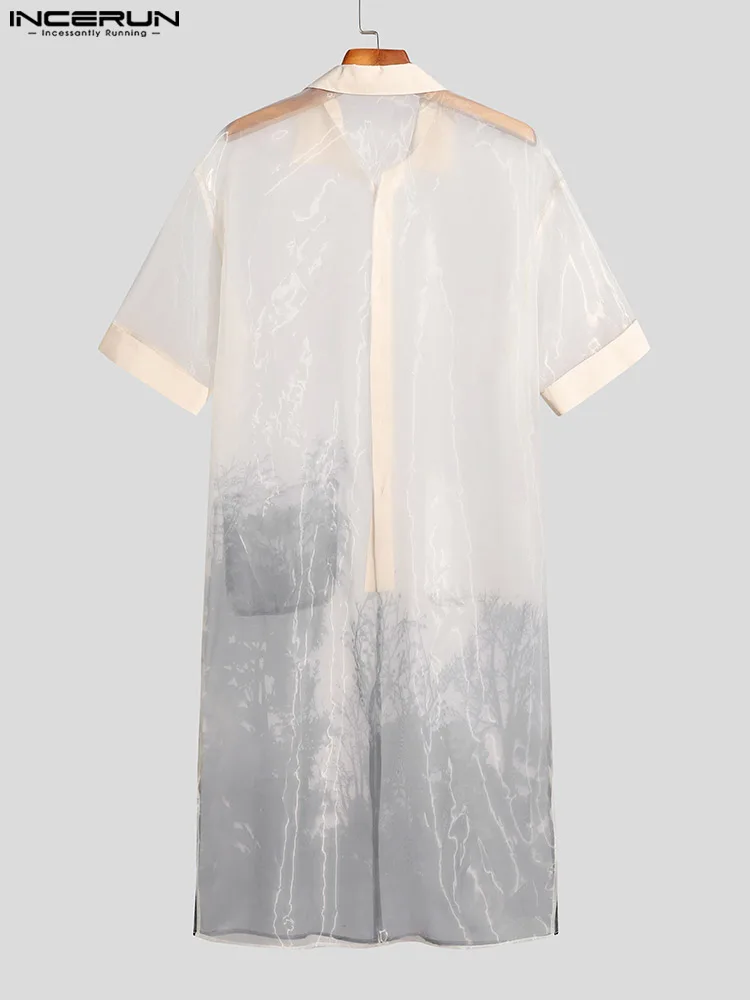 INCERUN Tops 2022 Chinese Style New Men landscape Printing Shirts Casual See-through Short-sleeved Cardigan Buttons Blouse S-5XL