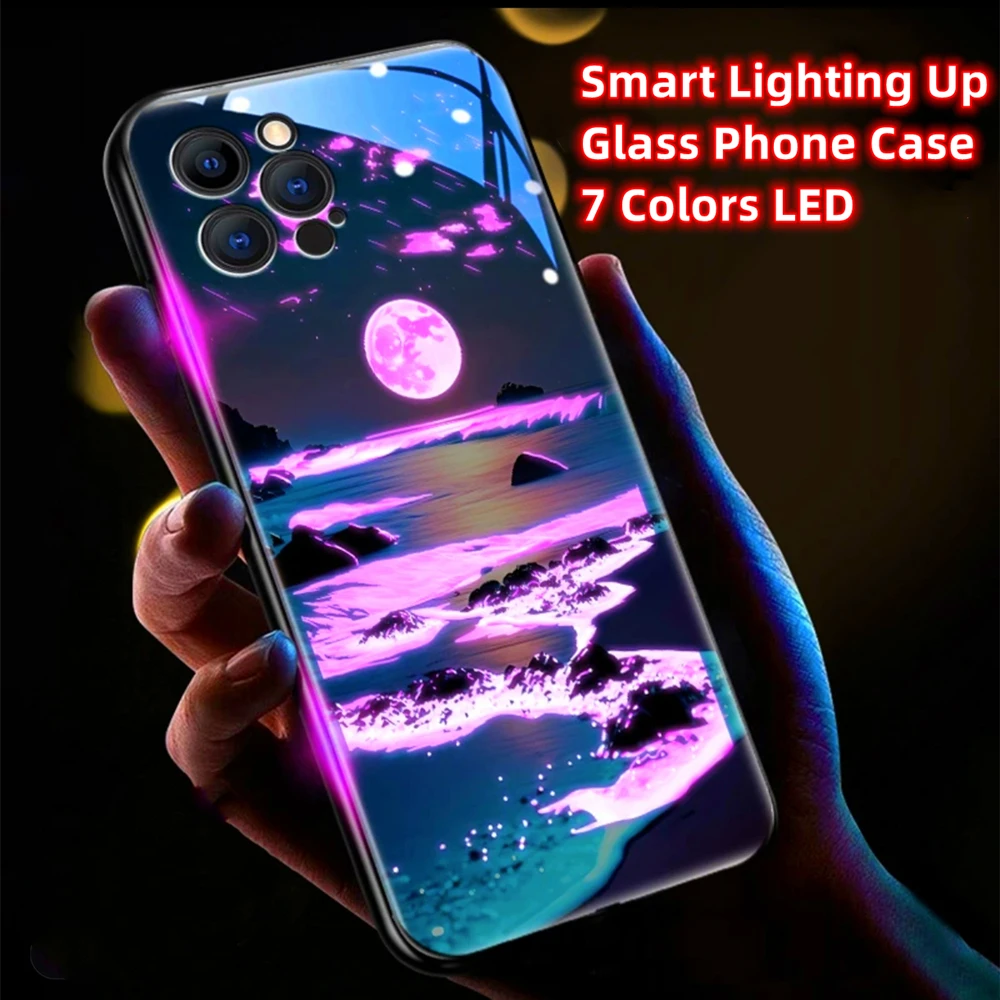 Светящийся чехол Lucky Beach Moon Sea Smart LED из закаленного стекла для iPhone Air 17 16 15 14 13 12 11 Pro Max Plus (art.: 3920dc95229fc) - 3920dc95229fc