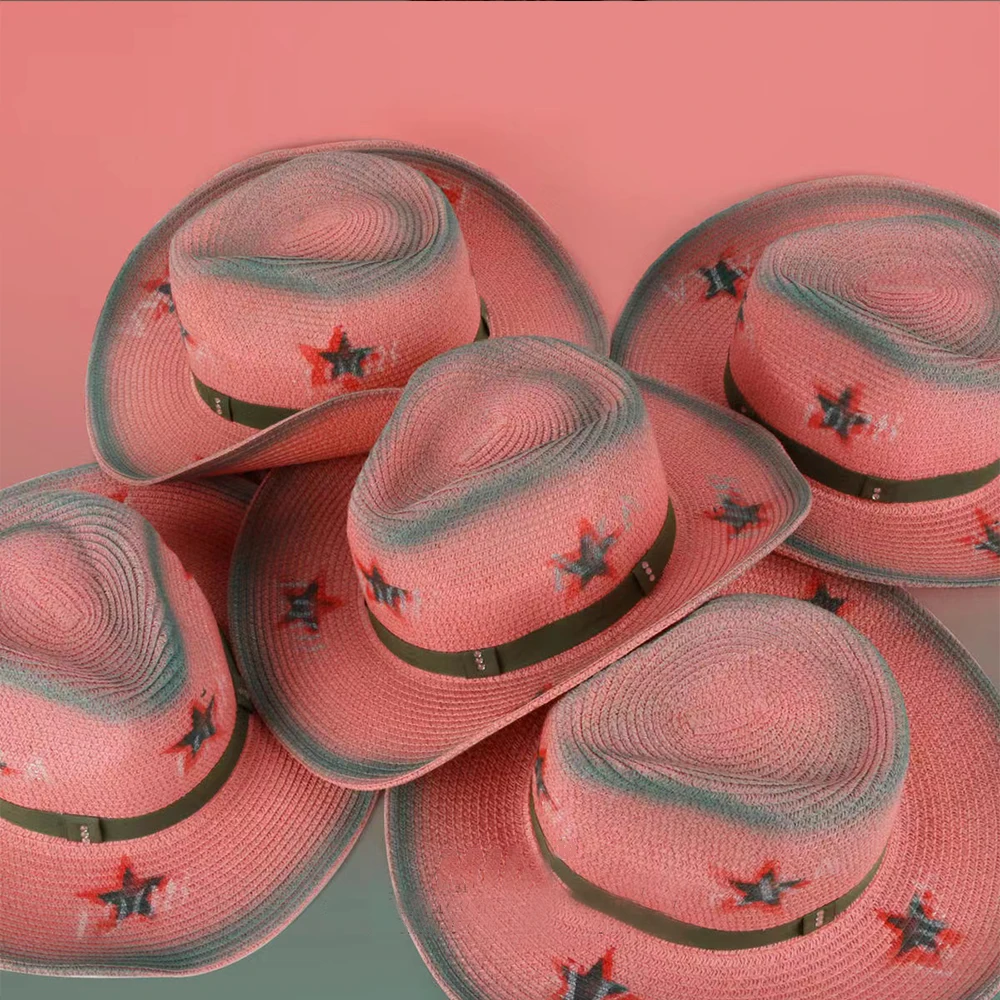 Шляпа женская Соломенная розовая винтажная Панама от солнца в западном стиле для