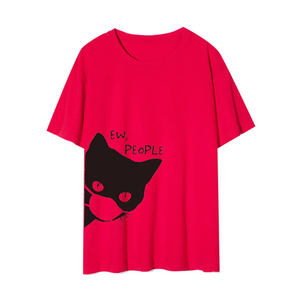 

Fashion Women Casual Cat Print O-Neck Short Sleeves Cotton T-Shirt Blouse Tops