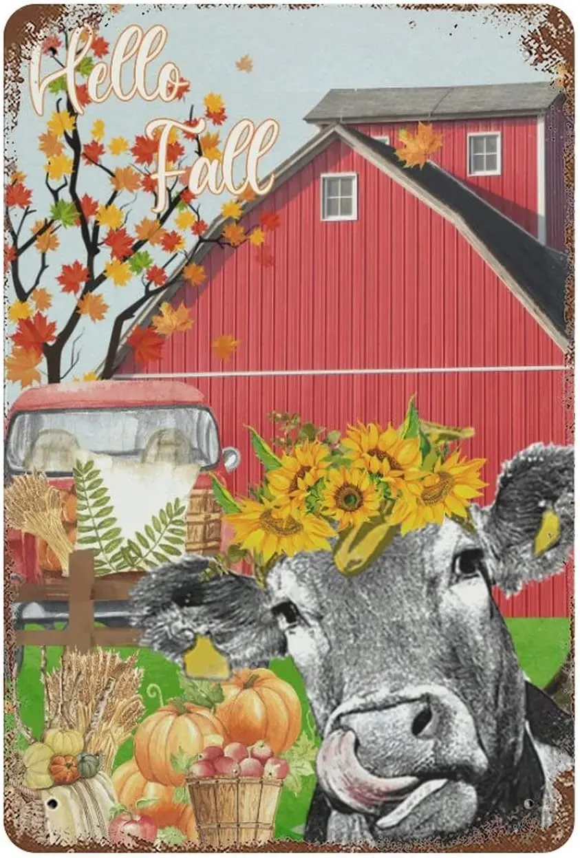 

Металлический жестяной ретро-знак, примитивный рустикальный знак «Hello Fall», осенняя ферма, знак коровы, праздничный настенный Декор для дома ...