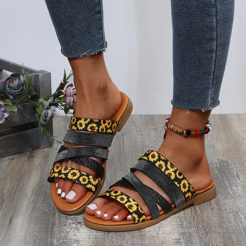 

Summer Women sandals Flower Flats Slippers Women Open Toe Shoes Women Plus Size Beach Shoes Non-Slip Slides Fashion Shoes