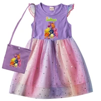 newest anime backyardigans clothes baby girls princess mesh dresses with small bag kids cartoon rainbow birthday party vestidos
