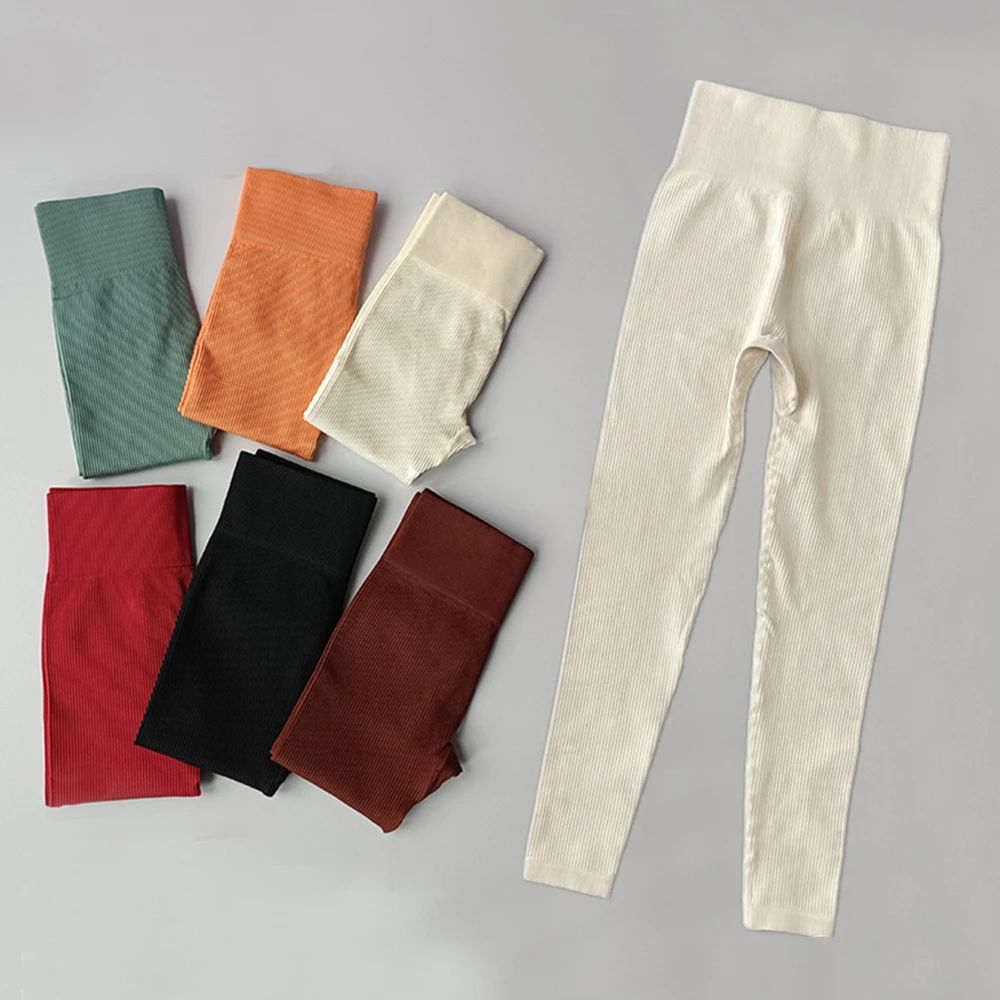 

Ребристые штаны для йоги с высокой талией, женские бесшовные леггинсы для фитнеса, женские леггинсы для контроля живота