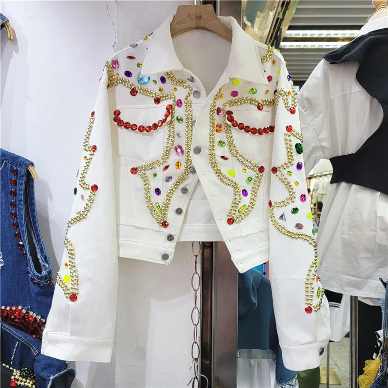 

Streetwear Fashion Multicolor Beading Diamonds Denim Jackets Women Big Pocket Cowboy Outerwear Slim Short Jeans Jacket Female