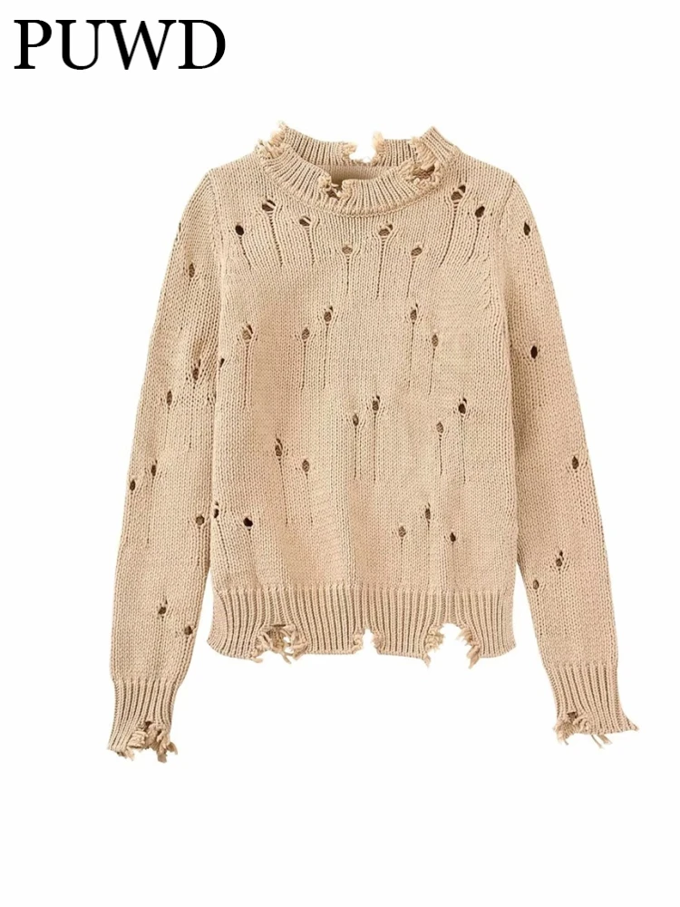 

PUWD Women Fashion Khaki Broken Hole Ornament Sweaters 2023 Summer Vintage O Neck Long Sleeves Solid Color Female Pullovers Chic