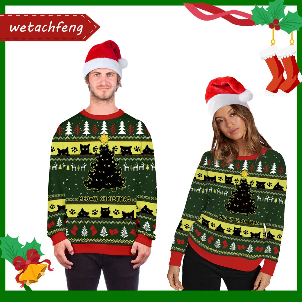 

Пуловер Рождественский уродливый для мужчин и женщин, модный клейкий свитер с 3D цифровой печатью, джемпер на рождественскую елку, одежда дл...